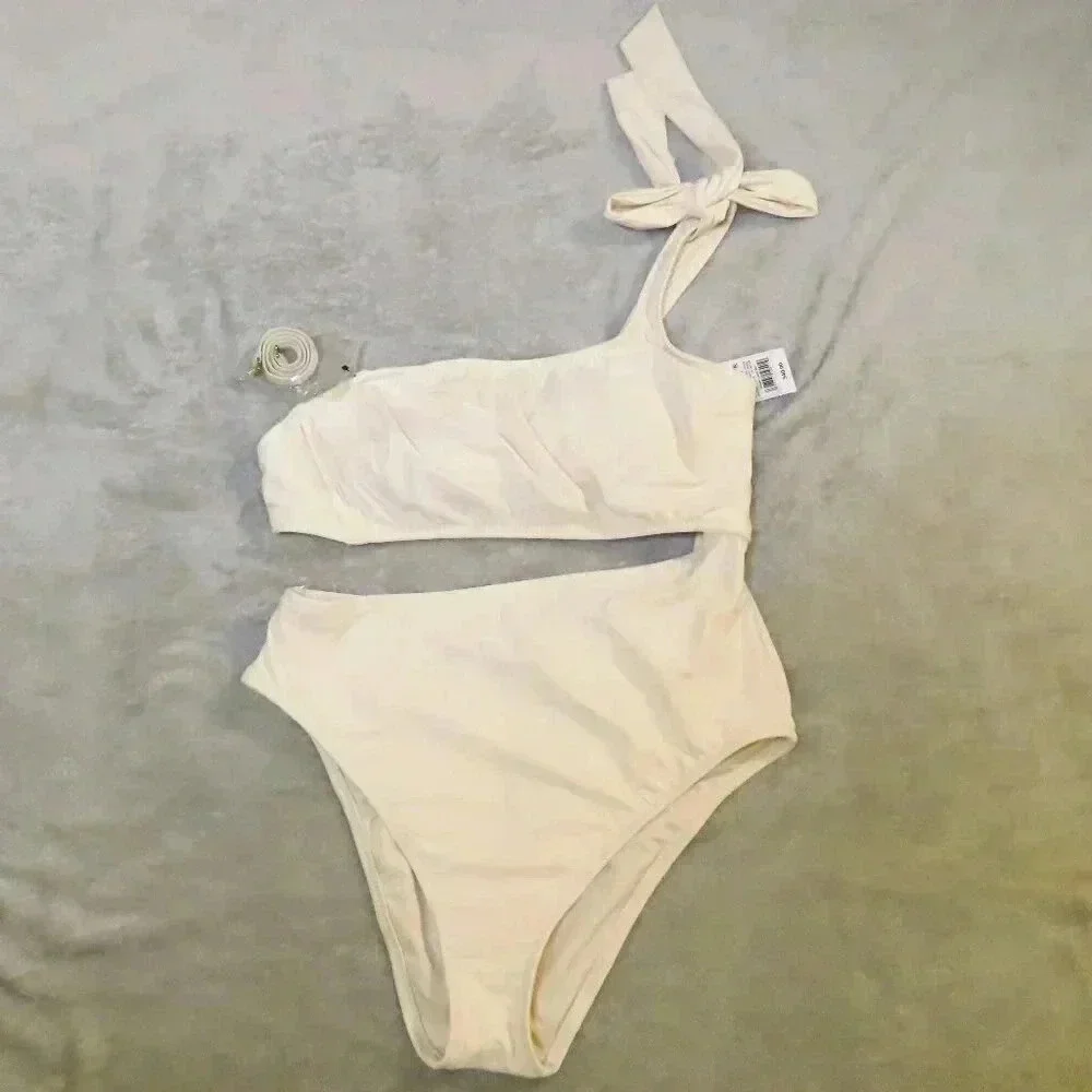 Women's White One Shoulder Bow Cut Out One Piece Swimsuit Size XL NWT